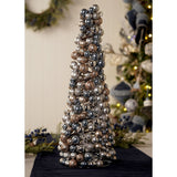 Cone-shaped Metal Ball Christmas Tree Decoration, 47.5cm, covered in clustered silver and gold baubles with crystal accents, displayed on a table with festive greenery in the background.