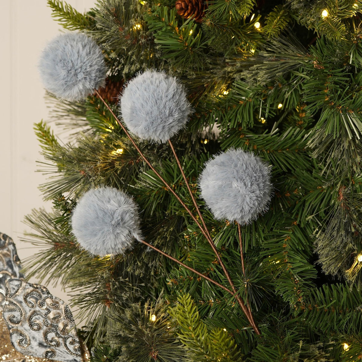 Fluffy 4 Pompom Branched Stem Pick Plastic Faux Plant - Blue