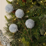 Fluffy 4 Pompom Branched Stem Pick Plastic Faux Plant - Blue