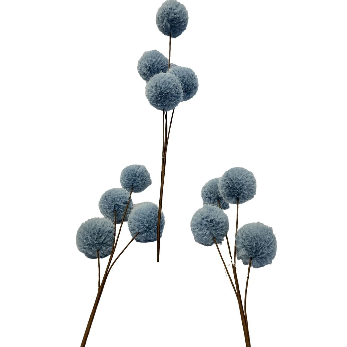 Fluffy 4 Pompom Branched Stem Pick Plastic Faux Plant - Blue