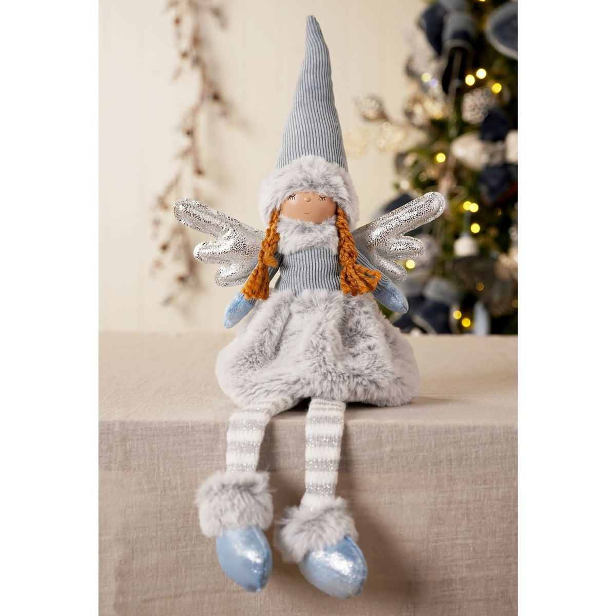 Sitting Angel Fabric Figurine 52cm - Light Blue & Silver