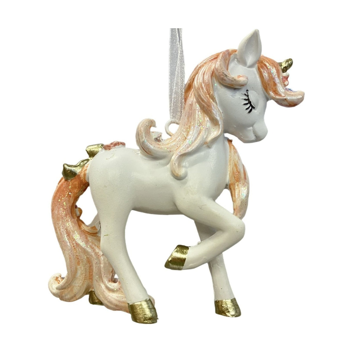 Prancing Unicorn Hanging Resin Ornament Figurine - White & Pink