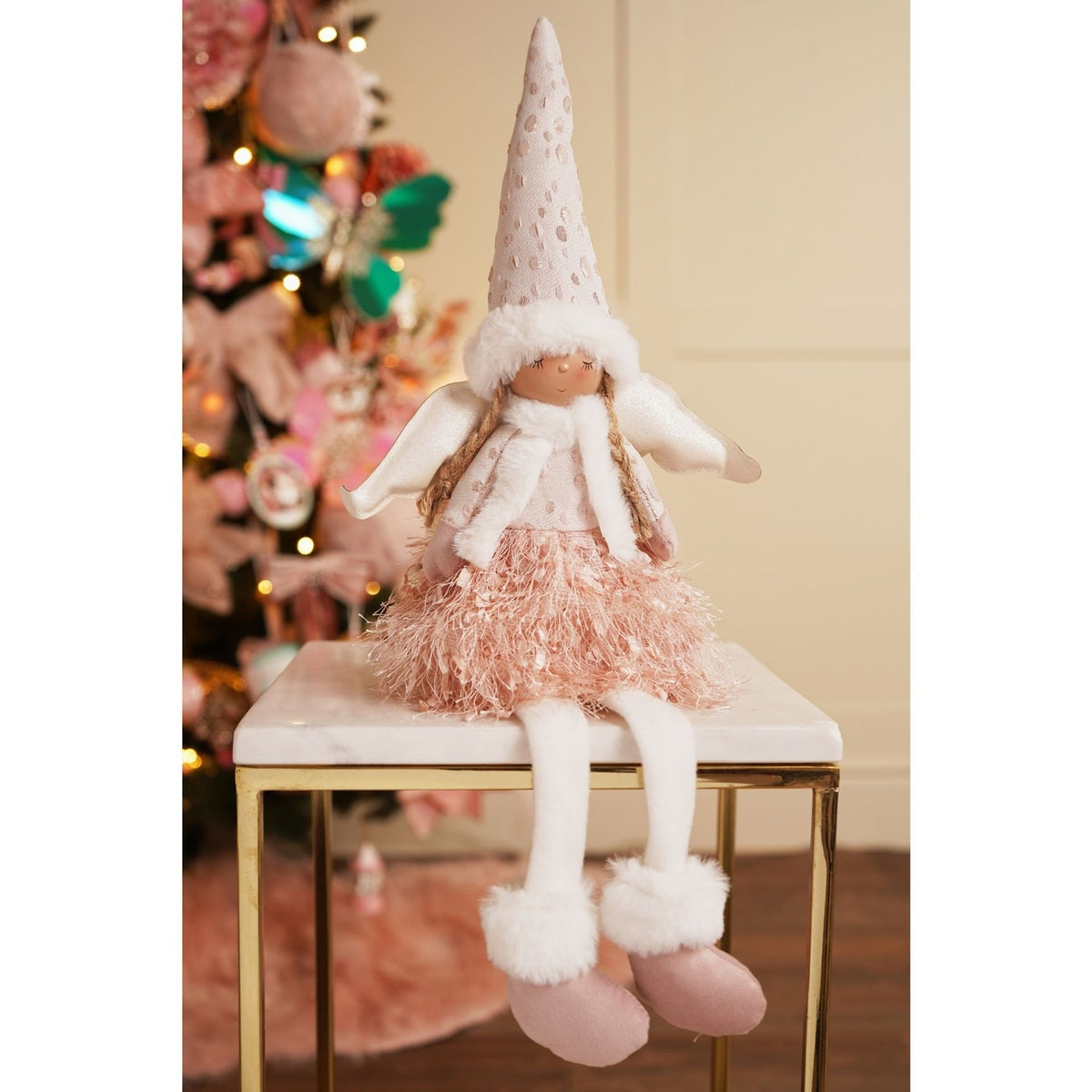 Christmas Fabric Sitting Angel Figurine 52cm - Pink & White