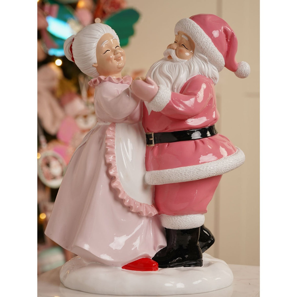 Dancing Santa & Mrs Claus Resin Decoration 30.2cm - Pink & White