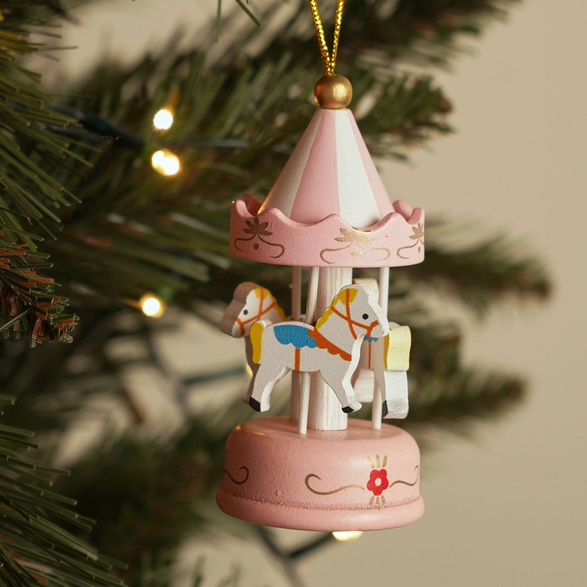 Wooden Hanging Carousel Ornament Figurine - Pink & White