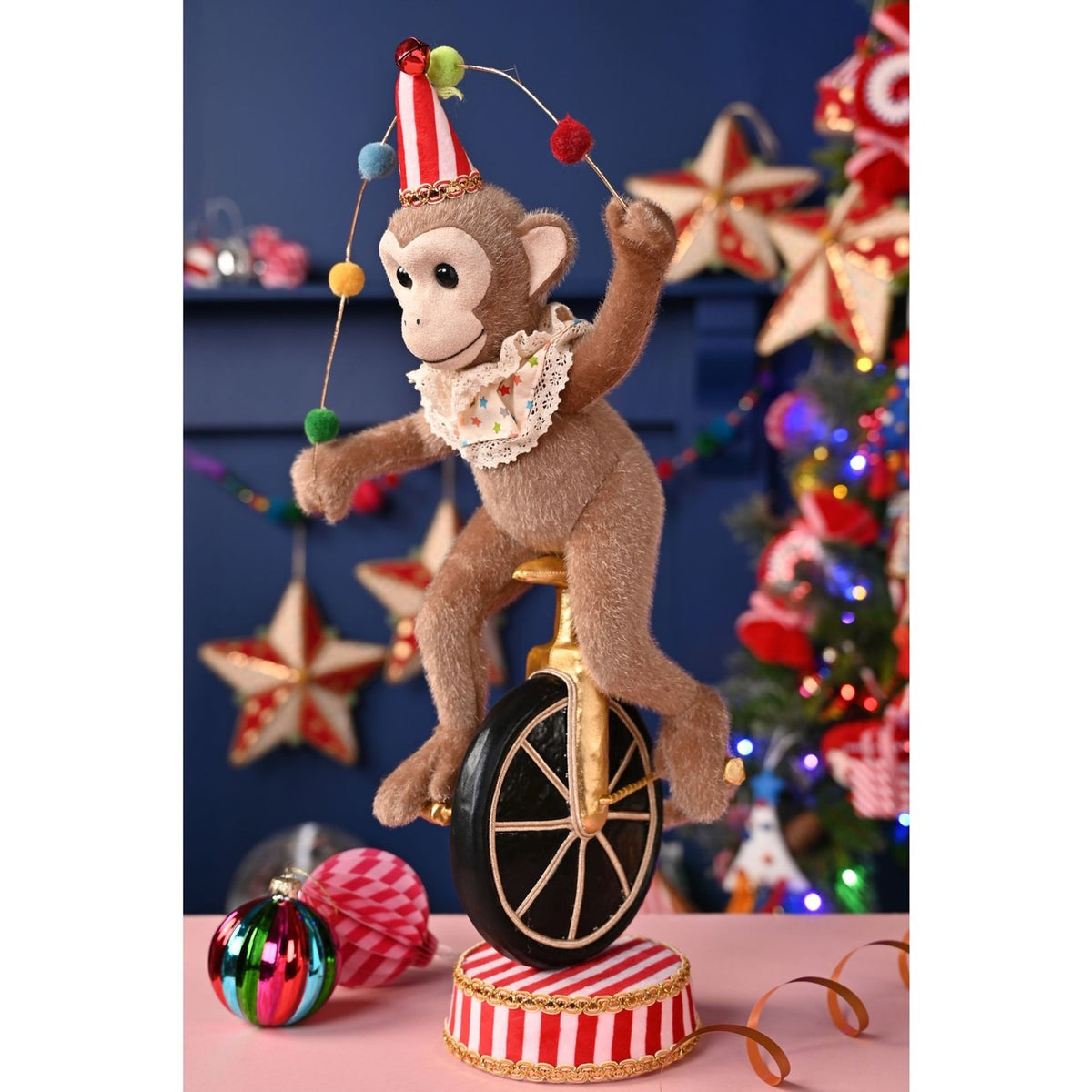 Fabric Monkey on Unicycle Decoration 28cm x 22cm x 56cm - Brown