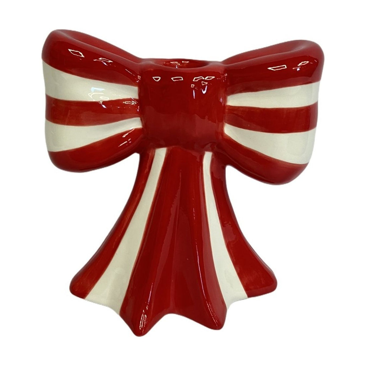 Glossy Striped Bow Ceramic Candle Holder 14cm - Red & White