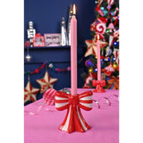 Glossy Striped Bow Ceramic Candle Holder 14cm - Red & White