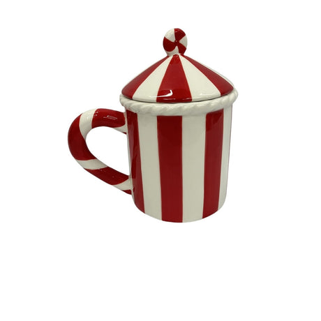 Striped ceramic Santa mug with lid, 15.5cm, featuring red and white stripes, a candy cane-style handle, and a peppermint finial on the conical lid.