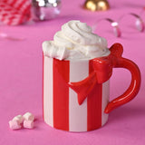 Christmas Candy Striped Ceramic Mug with Bow - Red & White