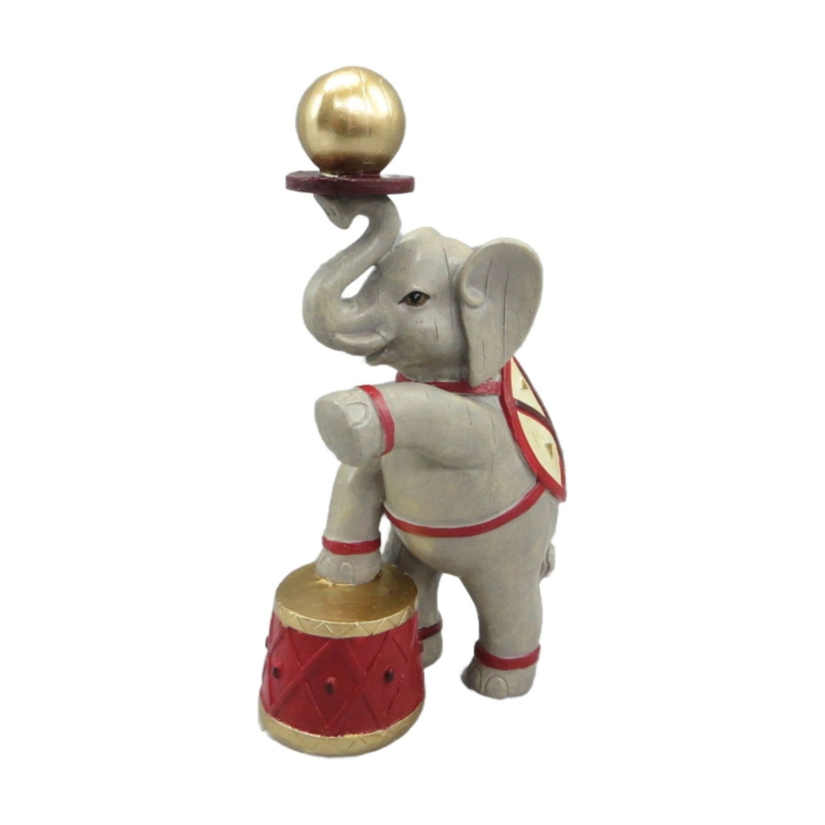 Circus Elephant Stood on Drum Resin Ornament - Grey & Red