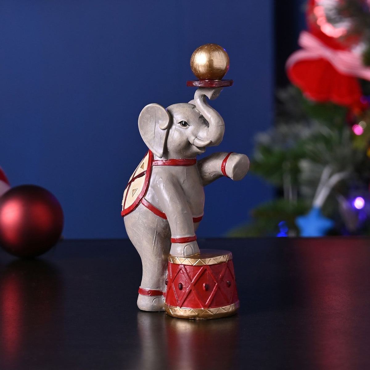 Circus Elephant Stood on Drum Resin Ornament - Grey & Red