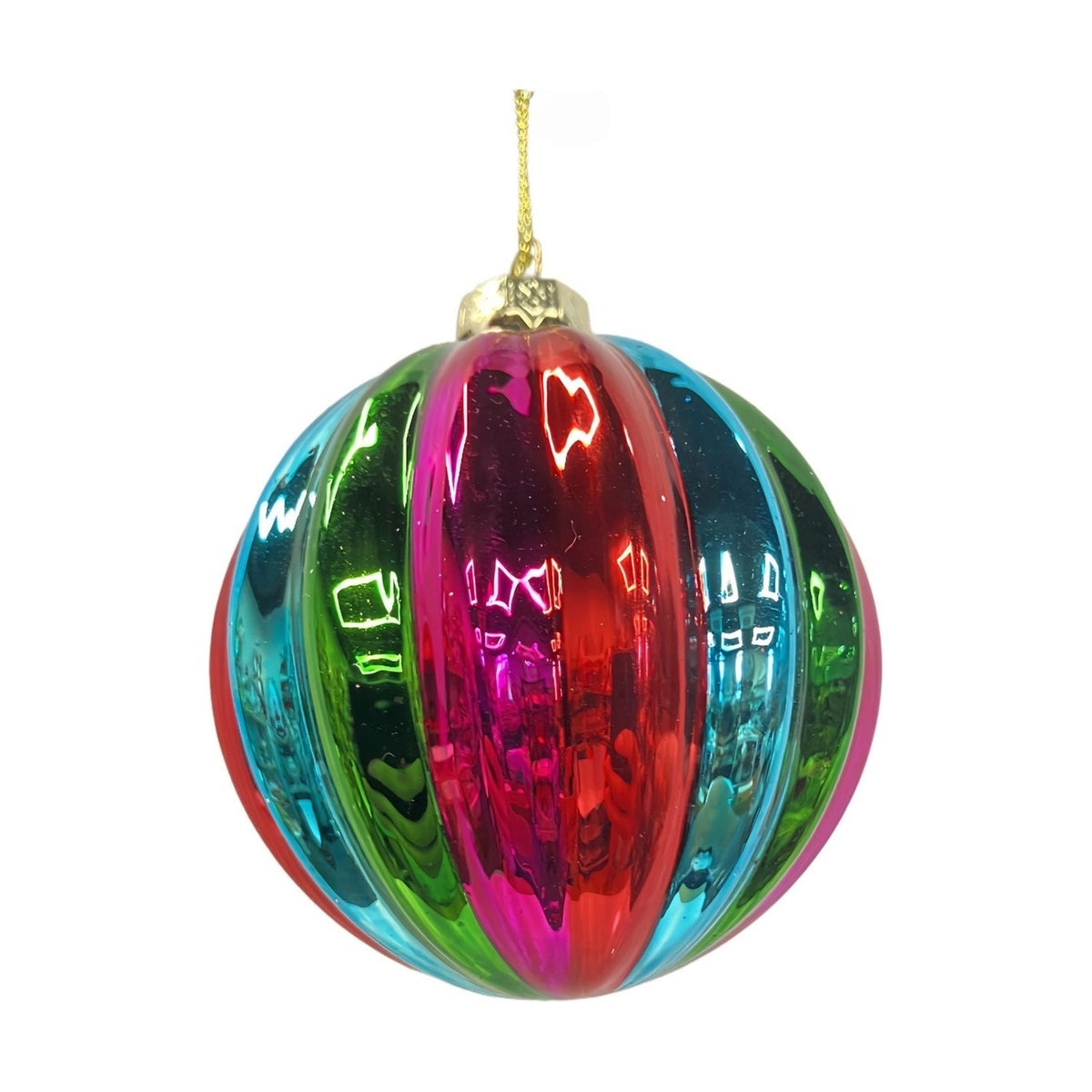 Rainbow Colours Ribbed Glass Bauble Christmas Tree Decoration 8cm