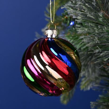 Rainbow Colours Swirl Glass Bauble Christmas Tree Decoration 8cm
