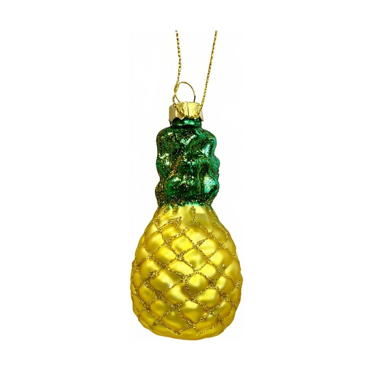 Pineapple Glass Bauble Christmas Tree Decoration with glitter-lattice yellow body and glossy green leaf top, gold cap and hanging cord, on a plain white background.