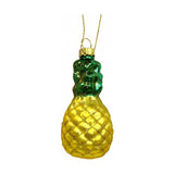 Pineapple Glass Bauble Christmas Tree Decoration with glitter-lattice yellow body and glossy green leaf top, gold cap and hanging cord, on a plain white background.