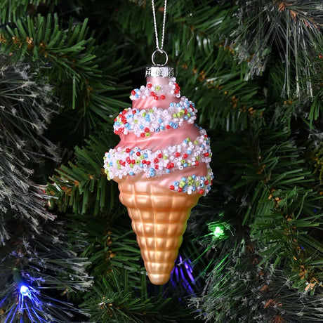 Ice Cream Cone Glass Bauble Christmas Tree Decoration - Pink