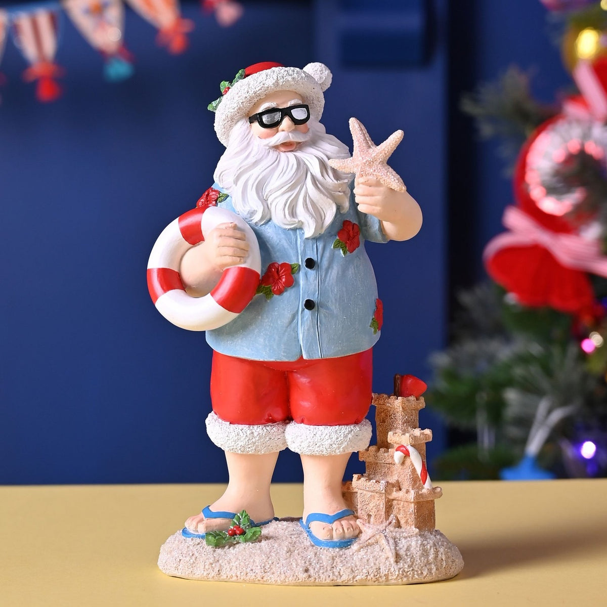 Beach Santa in Sunglasses Resin Decoration with Starfish