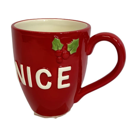 Red ceramic mug with cream interior, featuring raised cream "NICE" lettering and a green holly with red berries design, shown on a white background.