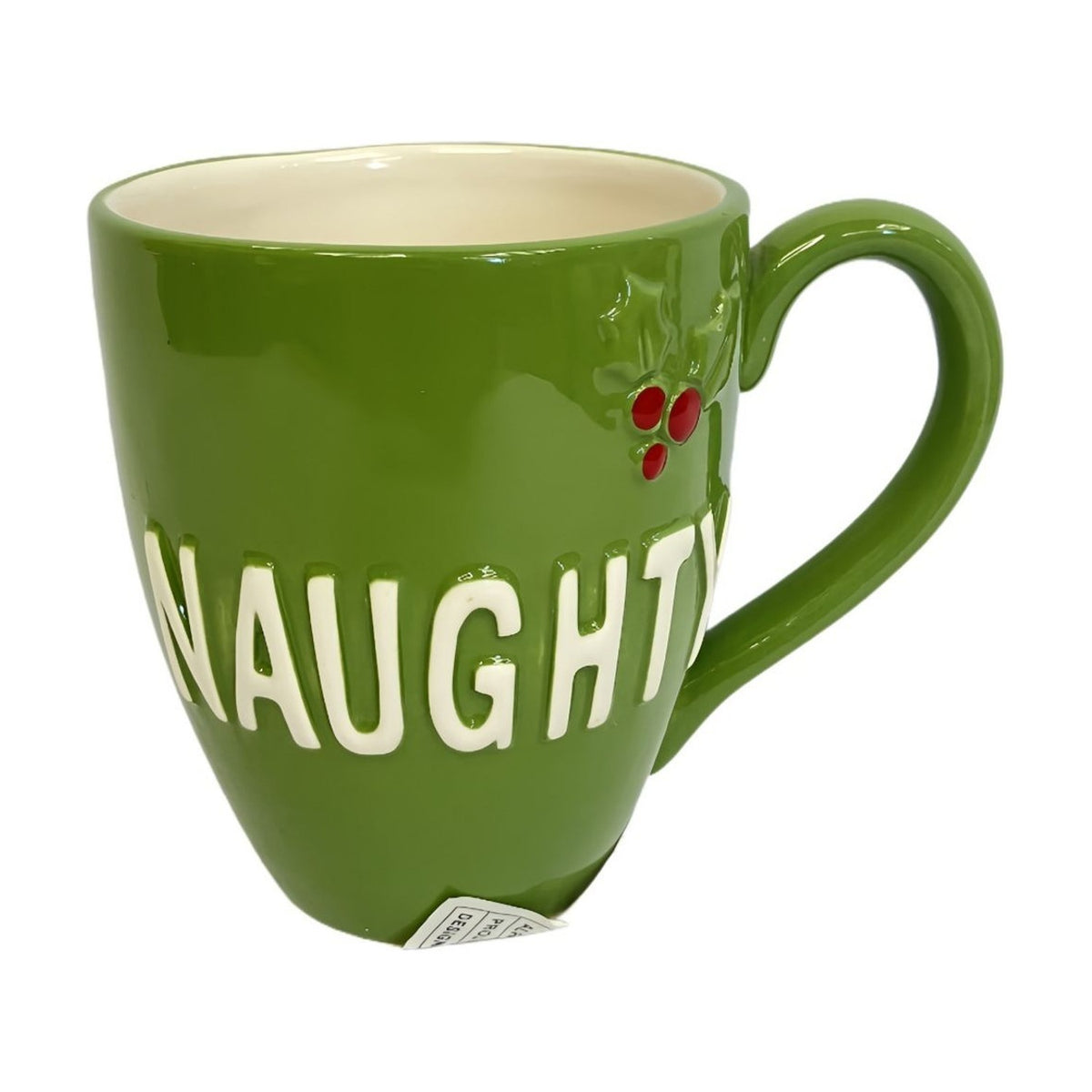 Naughty Raised Lettering Holly Berry Ceramic Mug - Green