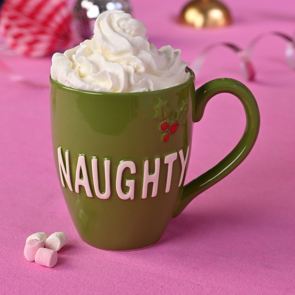 Naughty Raised Lettering Holly Berry Ceramic Mug - Green
