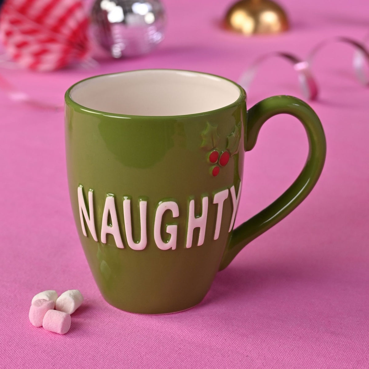 Naughty Raised Lettering Holly Berry Ceramic Mug - Green