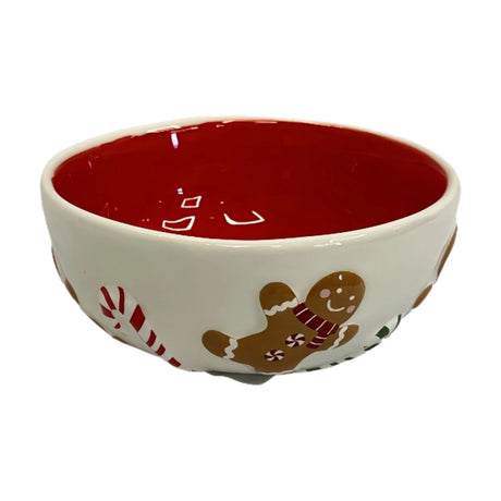 Christmas Gingerbread Man ceramic bowl, 12cm, with glossy red interior and cream-white exterior featuring raised gingerbread men and candy canes, on a plain background.