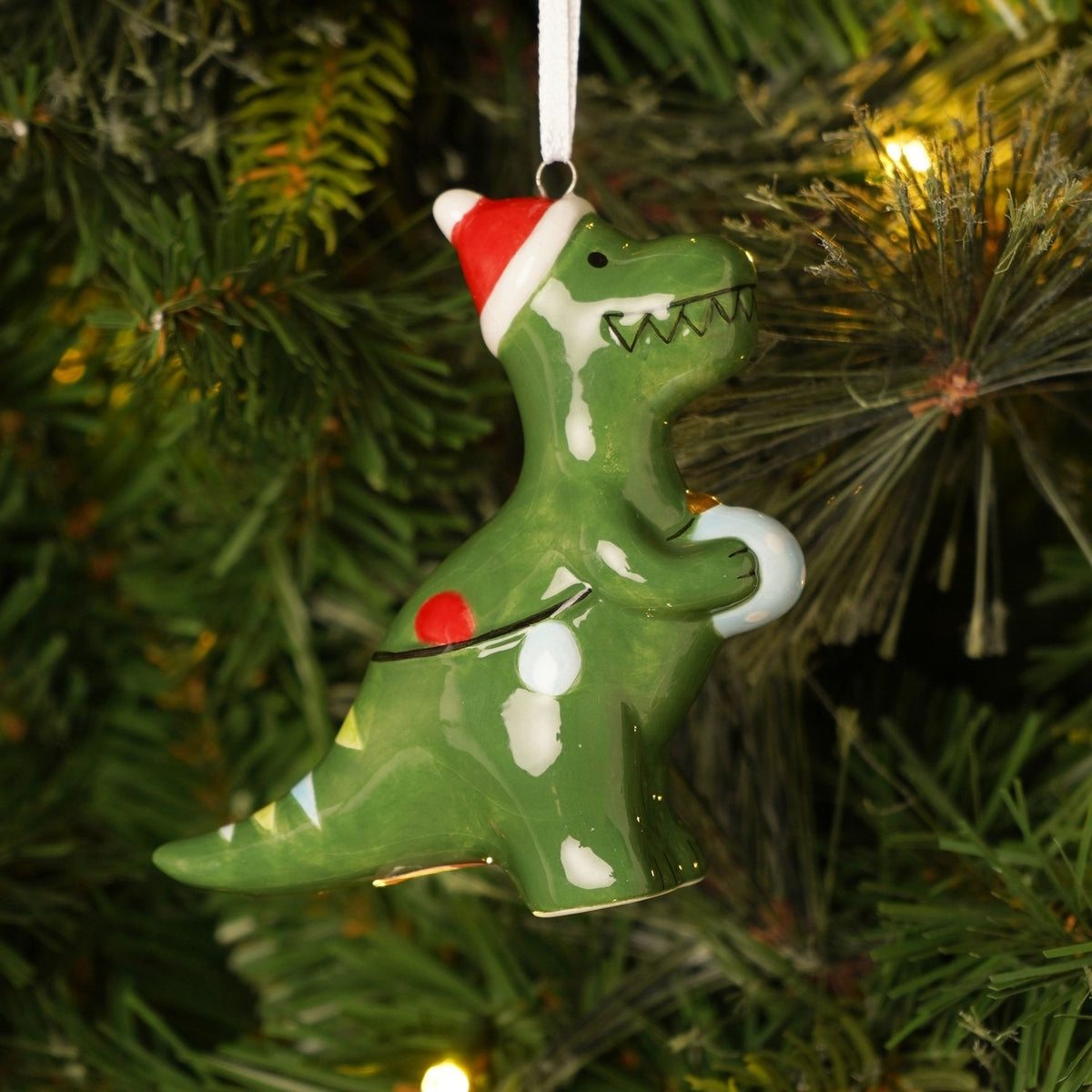 Dinosaur with Bauble Ceramic Tree Decoration 8.9cm - Green & Red