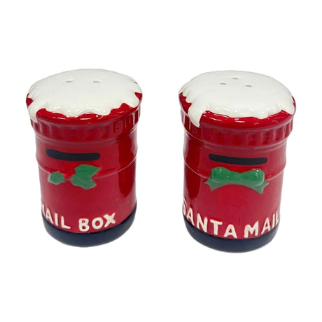 Santa's Mail Box earthenware salt and pepper pot set, shaped as red pillar postboxes with white snow-capped lids, black posting slots, and "Mail Box" and "Santa Mail" text, on a white background.