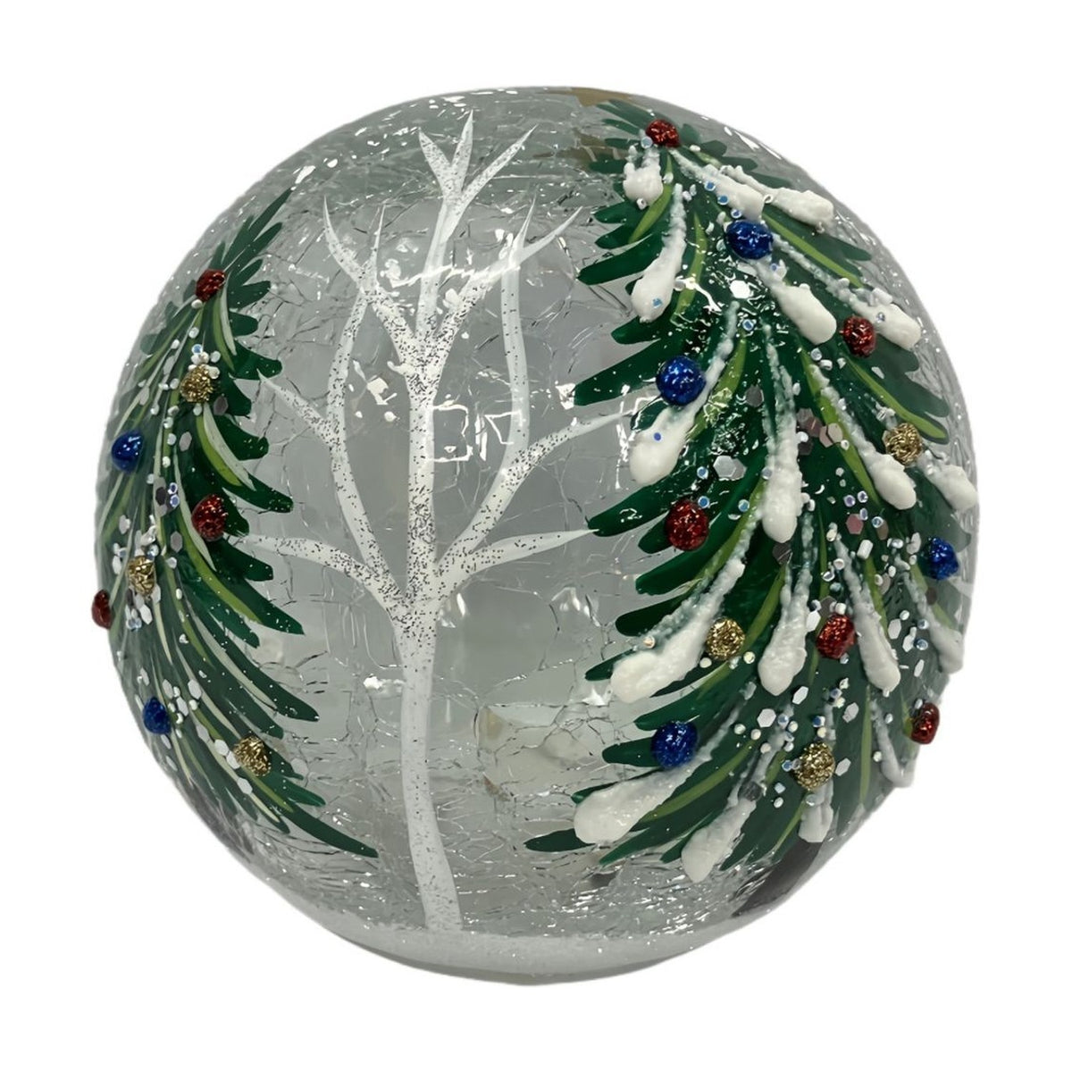 Christmas Tree Glass Light-Up Decoration, 12cm round crackle glass globe with snow-laden green trees, coloured baubles and a bare white tree, on a plain background.