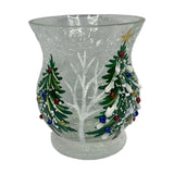 Christmas Tree Crackle Glass Candle Holder 9.5cm, flared clear glass with green pine trees, white bare tree, snow detail and coloured baubles, on a white background.