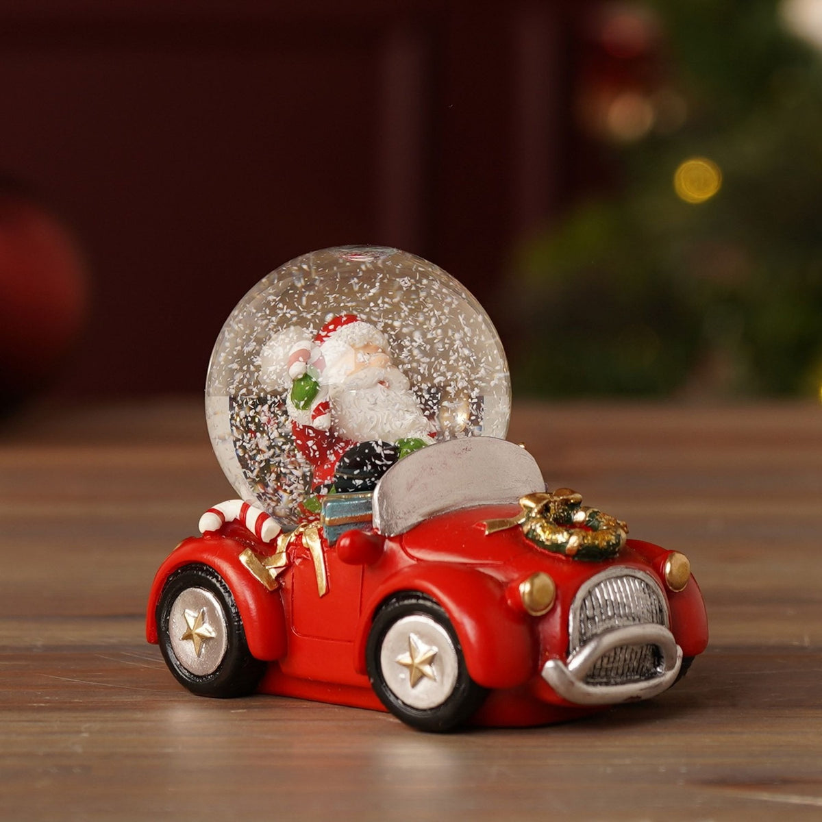 Santa in Vintage Car Snow Globe with Gifts 5cm - Red & White