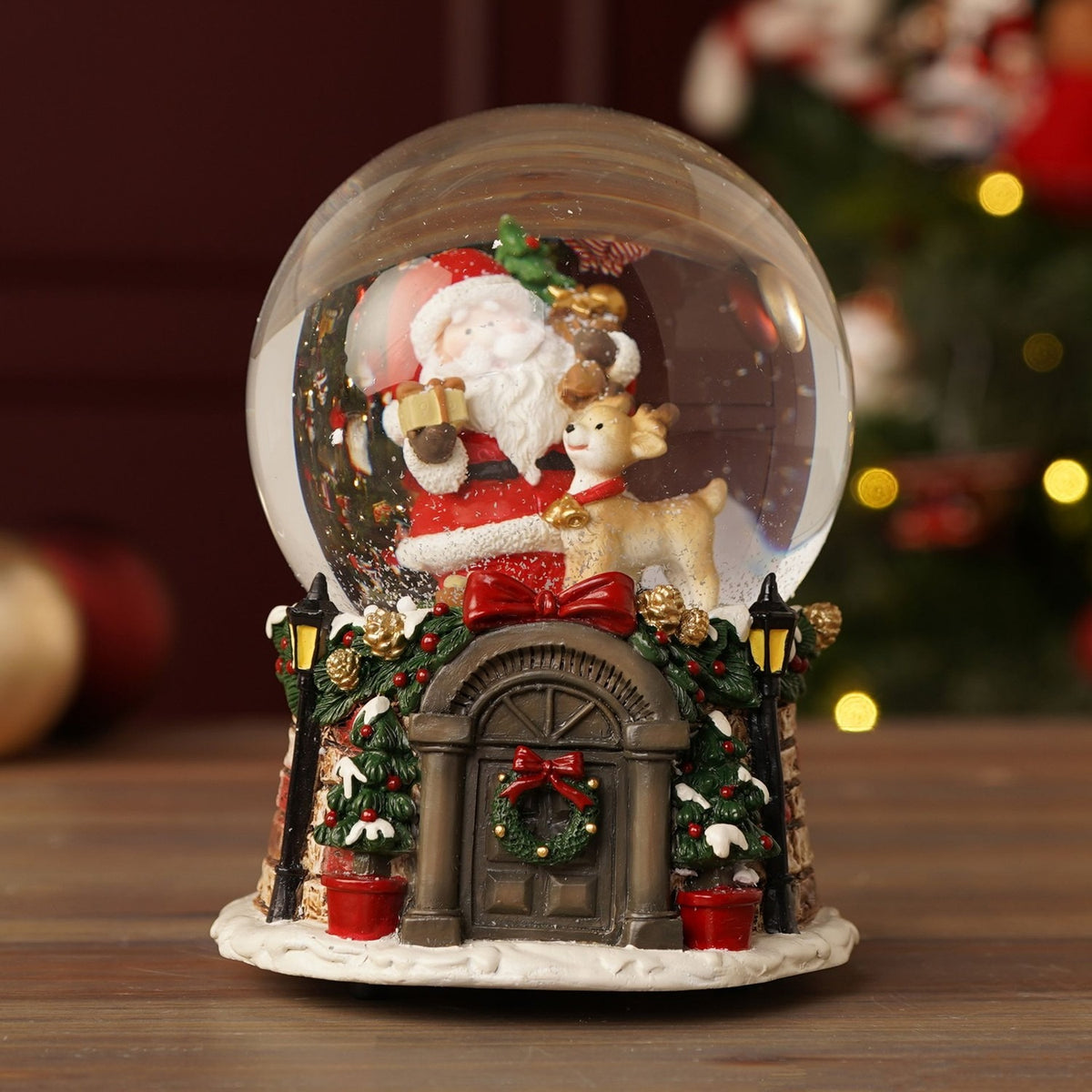 Musical Santa & Reindeer Scene Snow Globe 10.5cm - Red & White