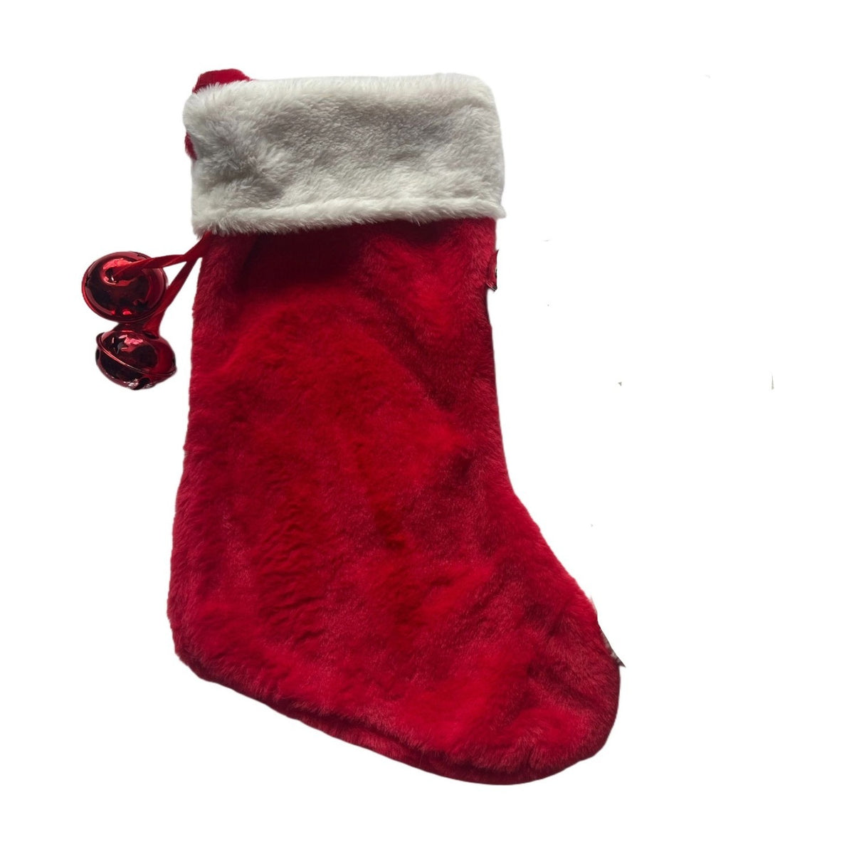 Red Christmas stocking with soft pile fabric and a folded white fluffy cuff, two red jingle bells on ribbons below the cuff, shown on a white background.