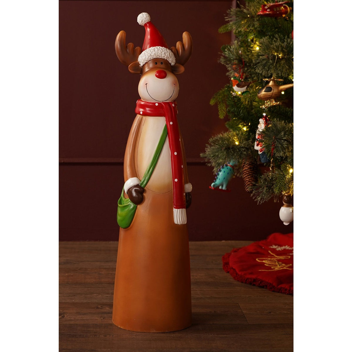 Tall Smiling Reindeer Outdoor Resin Ornament - Brown & Red