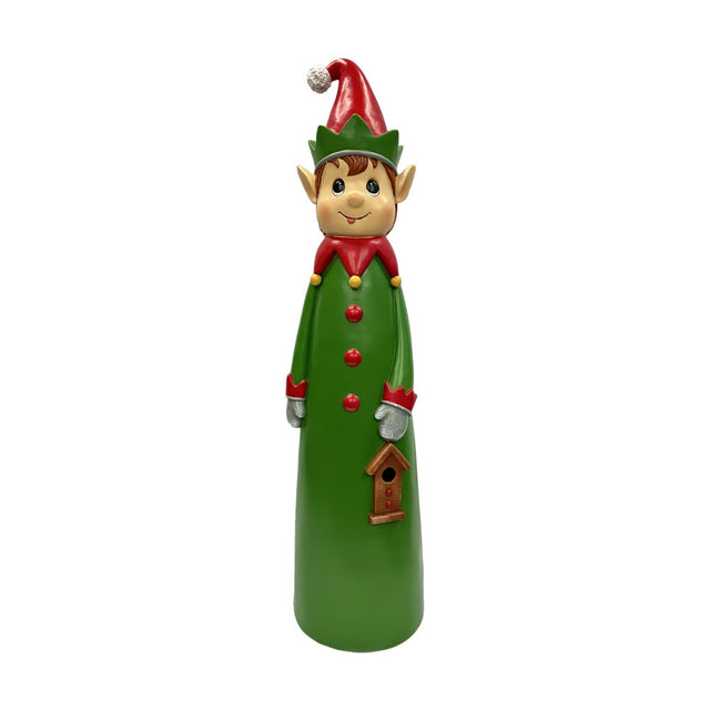 Outdoor Elf with Birdhouse resin garden ornament in a green coat with red buttons and collar, grey mittens, pointed red hat, holding a wooden birdhouse, on a plain white background.