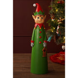 Resin outdoor elf ornament in a green coat with red buttons and cuffs, grey mittens, and a red pointed hat, holding a small birdhouse, displayed near a Christmas tree.