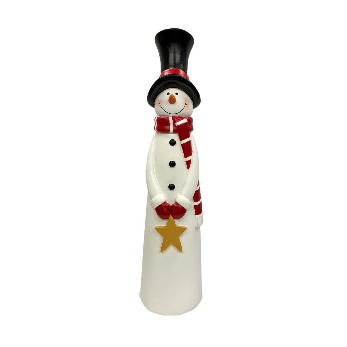 Tall resin Top Hat Snowman garden ornament, 72cm, with black top hat, red striped scarf, mittens holding a gold star, on a plain white background.