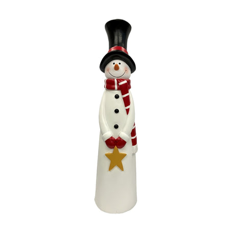 Tall resin Top Hat Snowman garden ornament, 72cm, with black top hat, red striped scarf, mittens holding a gold star, on a plain white background.