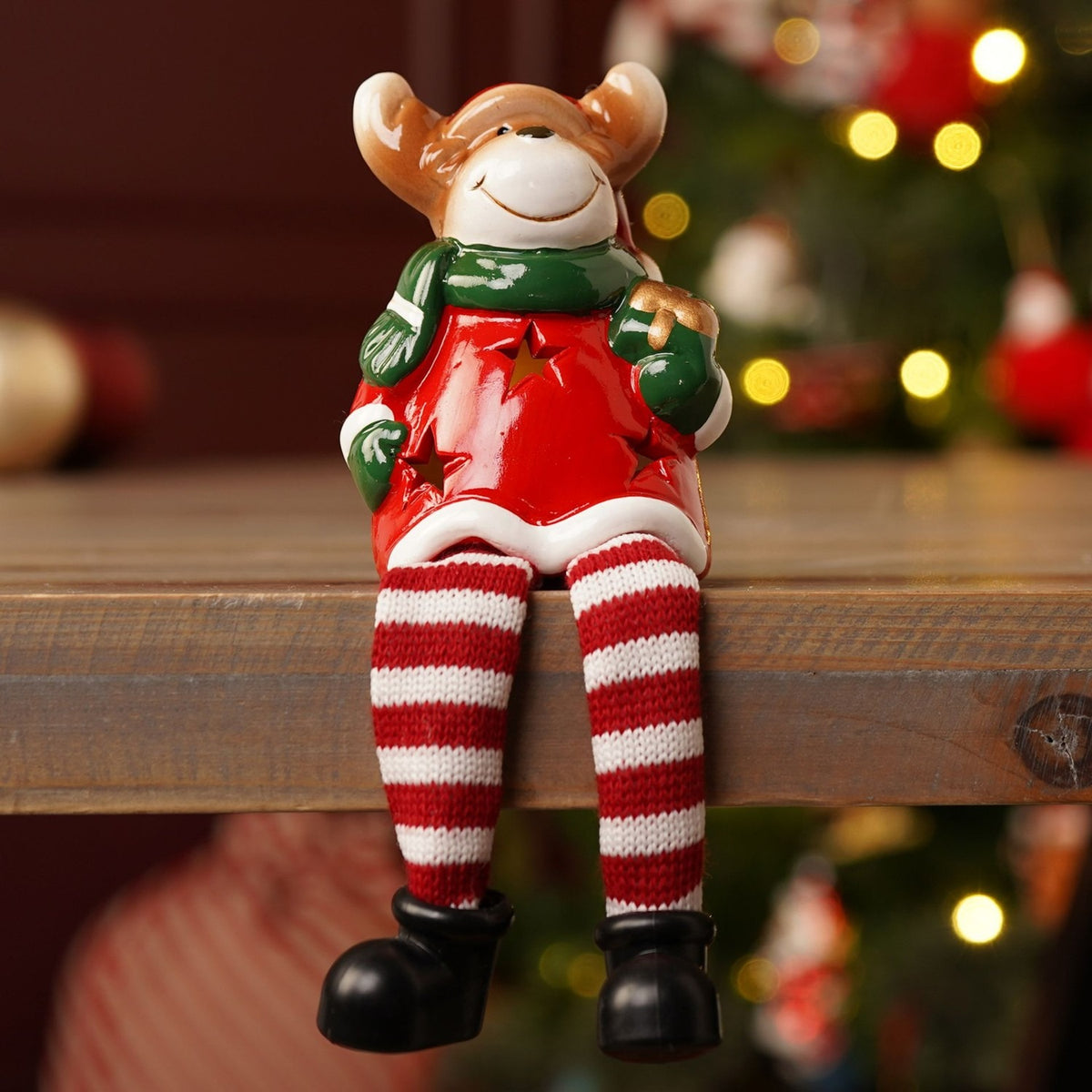 Shelf Sitting LED Christmas Reindeer Figurine - Red & Green