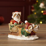 Dogs Pulling Pup in Basket Sleigh Resin Figurine - Brown & Green