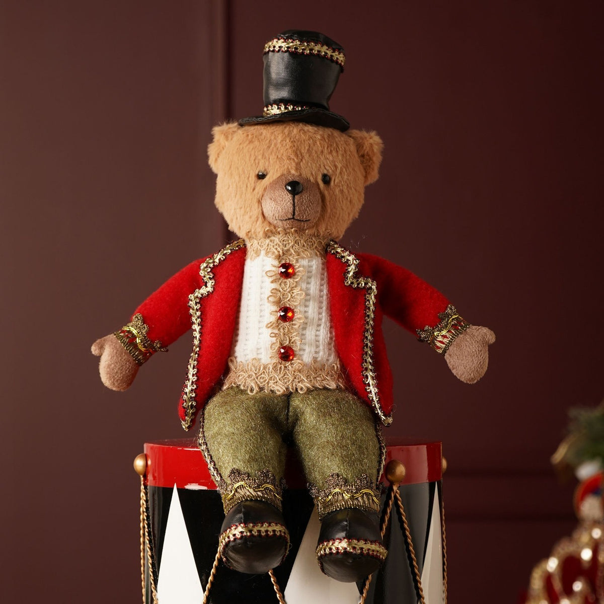Sitting Bear Decoration with Top Hat 36cm - Red & Green