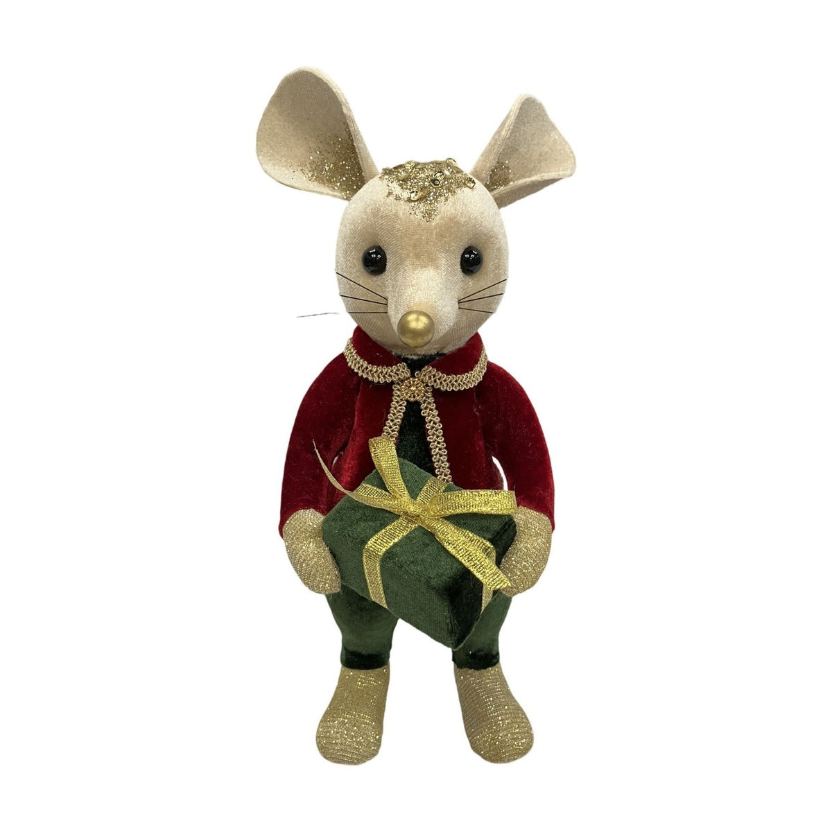 Christmas Mouse with Present Decoration 28cm - Cream & Red