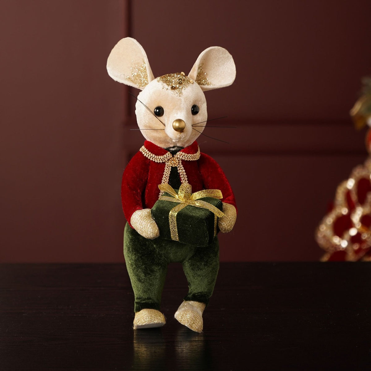 Christmas Mouse with Present Decoration 28cm - Cream & Red