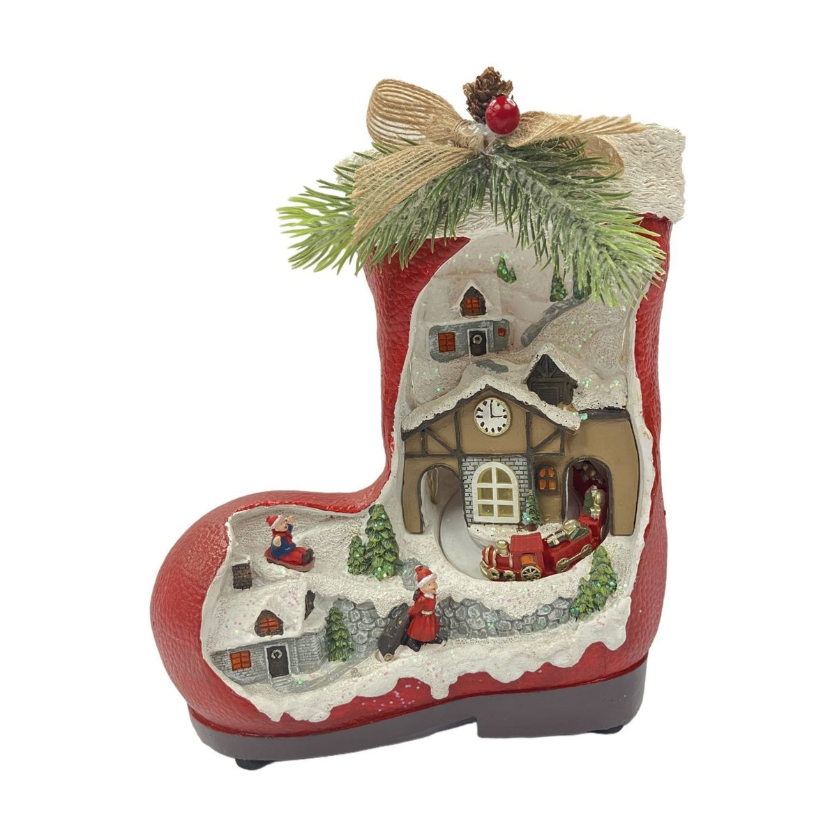 Musical Resin Christmas Boot Light-Up Decoration - Red & White