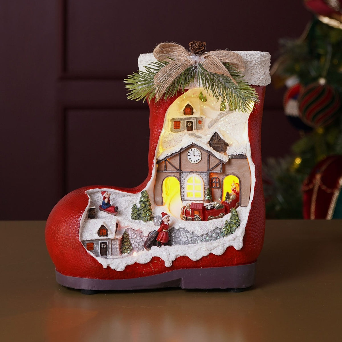 Musical Resin Christmas Boot Light-Up Decoration - Red & White