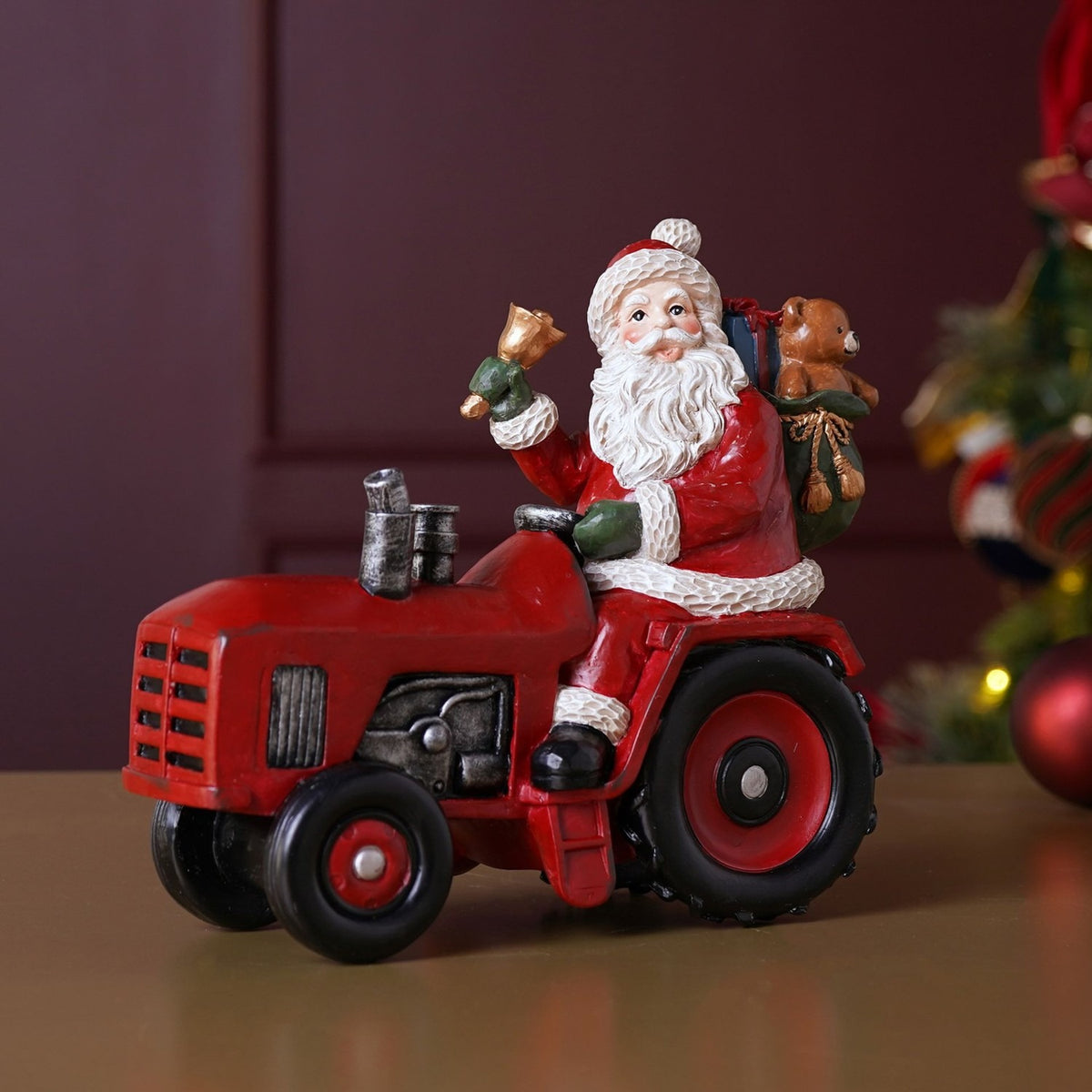 Christmas Santa Claus Driving Tractor Resin Figurine - Red