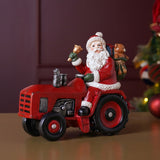 Christmas Santa Claus Driving Tractor Resin Figurine - Red