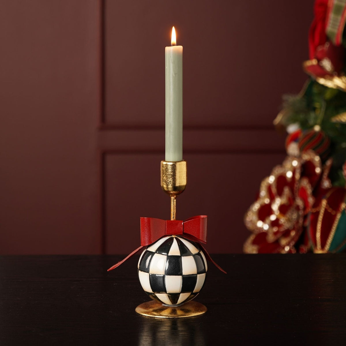 Black & White Chequered Metal Candle Holder 18.3cm - Gold & Red