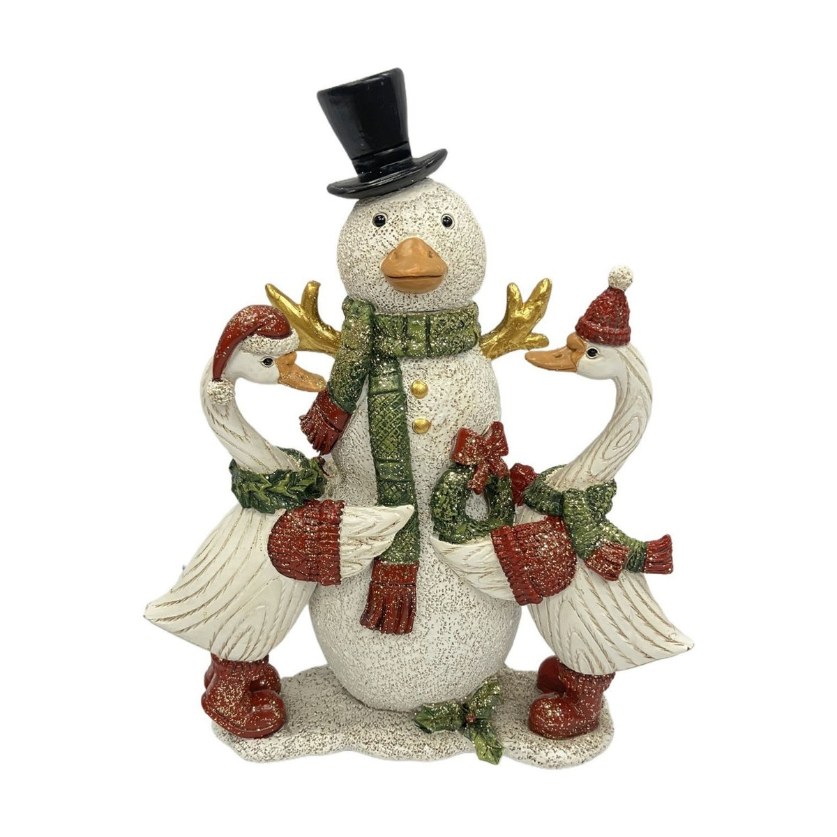 Christmas Snowman & Two Geese Resin Figurine - White & Red